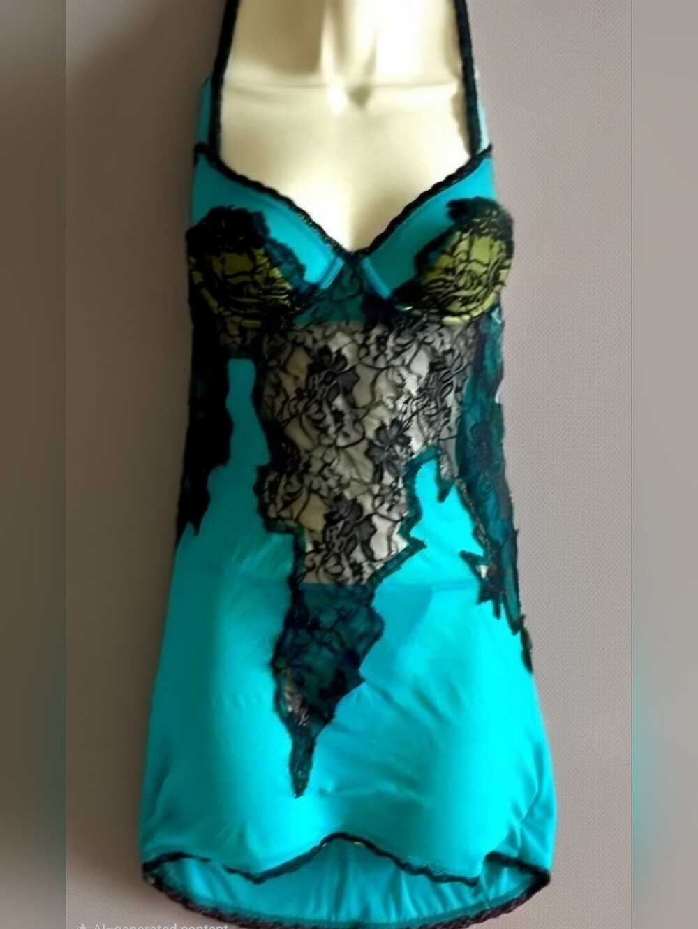Vintage Fredericks of Hollywood Mesh Lace Chemise Slip Dress Teal Black XL